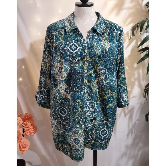 Catherines Mandala Button Up 1/2 Sleeve Top Womens Plus Size 2X Paisley Boho - Picture 1 of 12